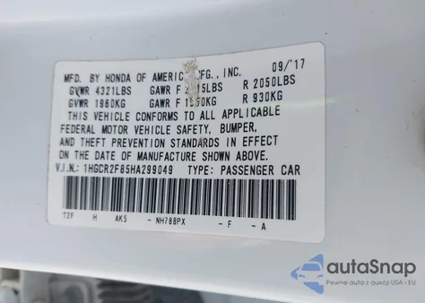 2017 Honda Accord Ex-L z USA, uszkodzony, nr VIN 1HGCR2F85HA299049